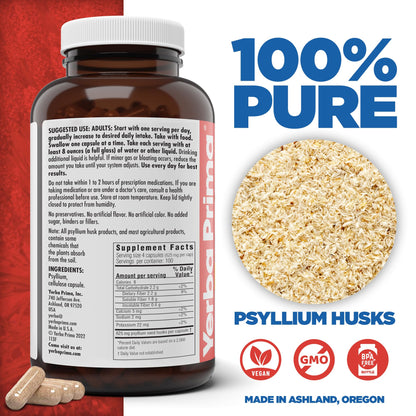 Yerba Prima Psyllium Husks Veg Caps, 400 Capsules (625mg) - Vegan, Non-GMO, Gluten Free, Colon Cleanser, Daily Fiber Supplement for Gut Health & Regularity - Nirvana Guru