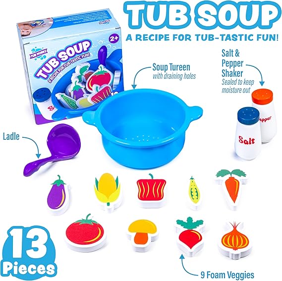 Tub Works® Tub Soup™ Scoop, Strain & Play Toddler Bath Toy | Floating Foam Veggies, Ladle for Scooping & Soup Pot for Straining | Pretend Play Cooking Kids Bath Toys | Creative Bathtub Toys nirvanaguru