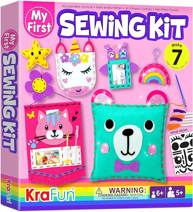 KRAFUN My First Sewing Kit for Beginner Kids Arts & Crafts, 7 Easy DIY Projects of Stuffed Animal Dolls and Plush Pillow Craft, Instructions & Felt, Gift for Girls, Boys, Learn to Sew, Embroidery Nirvana Guru