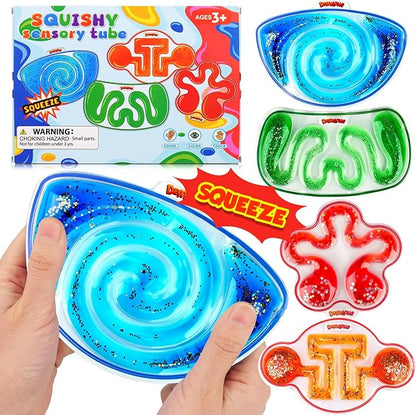Squishy Sensory Toys for Kids - 4 Pack Fidget Toy Sensory Maze for Autism - Stress Relief Toys for Calm Down - Squeeze Fidget Toy Filled Goo, Glitter, Prizes for Kids Classroom,Classroom Must Haves nirvanaguru