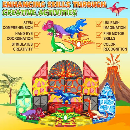 Dinosaur Toys Magnetic Tiles Lava Dinosaur World Set - Magnetic Blocks Building for Kids 3-5 5-7 Girls Boys Toy Age 4-6 6-8, Classroom Must Haves Toddler Sensory for 3+ Year Old Kids Toys Nirvana Guru