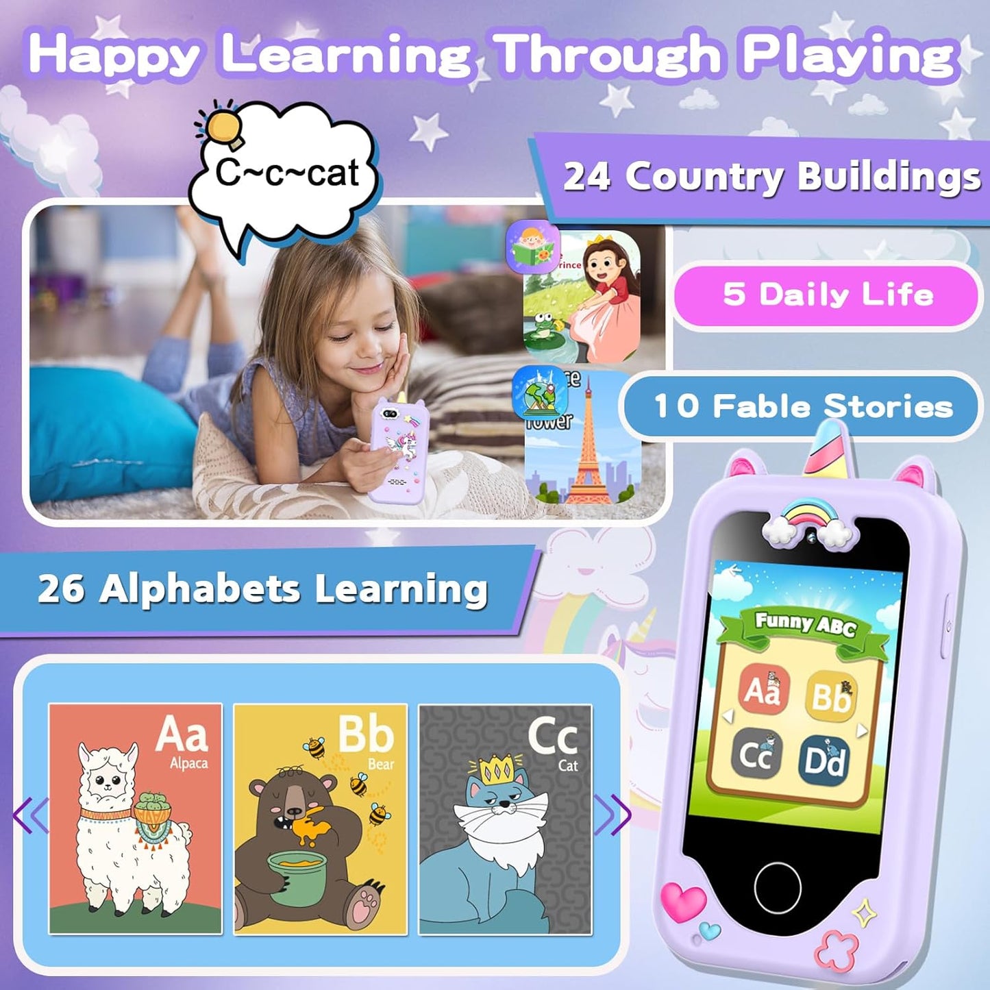 Kids Smart Phone for Girls, Christmas Birthday Gifts for Girls Age 3-10 Kids Toys Cell Phone, 2.8" Touchscreen Toddler Learning Play Toy Phone with Dual Camera, Game, Music Player, 8GB Card Purple Nirvana Guru