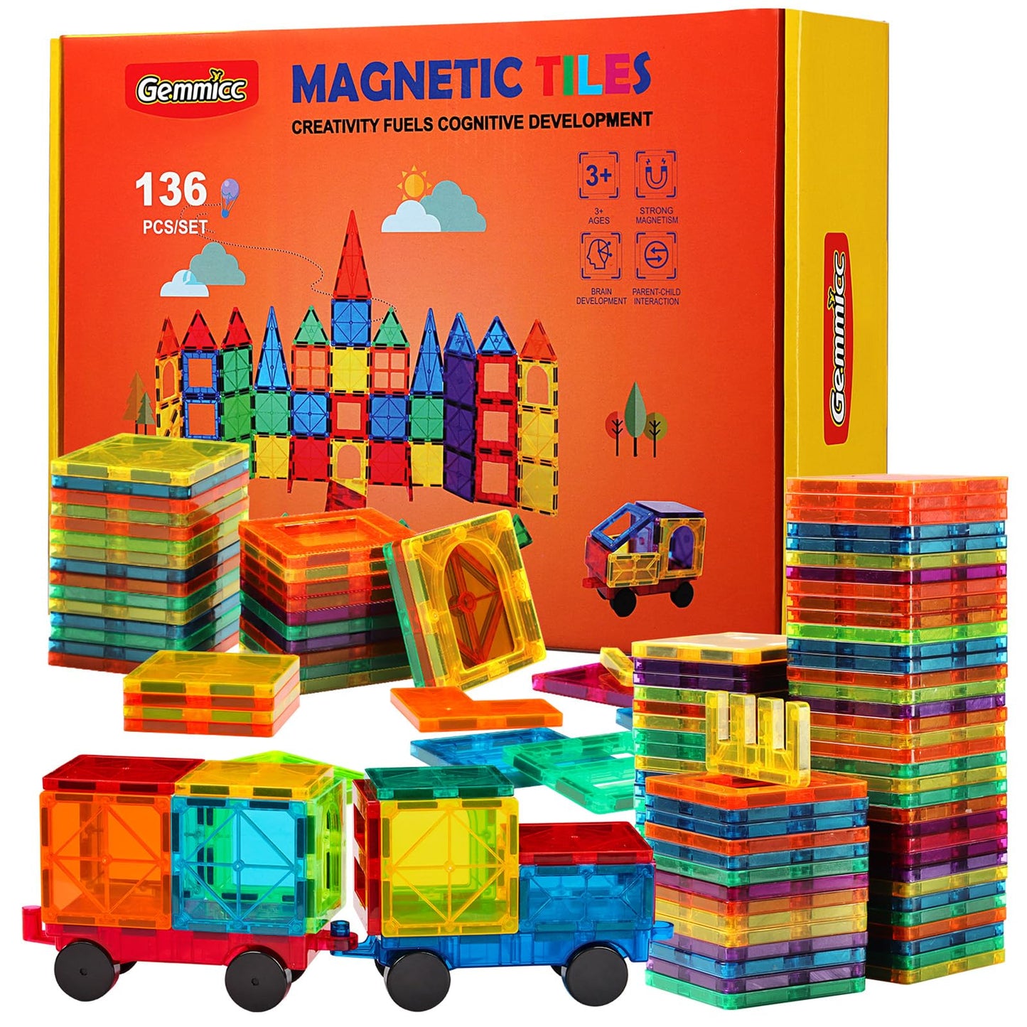 Gemmicc Magnetic Tiles, Deluxe 136 PCS Building Blocks Magnet Toys for Kids,3D Magnet Puzzles Stacking Blocks for Boys Girls,Huge Set with 2 Cars Nirvana Guru