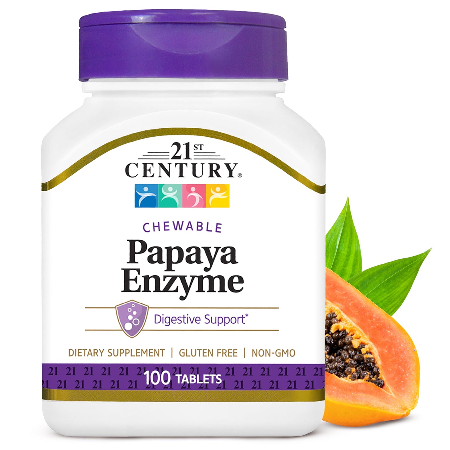 21st Century Papaya Enzyme Chewable (100 Count), Papaya & Pineapple Digestive Enzymes for Gut Health, Tropical Flavor, Non-GMO, Gluten-Free, No Added Salt, Yeast, Artificial Flavors