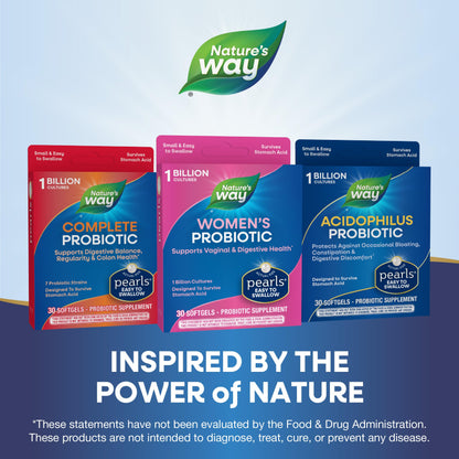 Nature's Way Women's Probiotic Pearls, Supports Women's and Digestive Health*, Protects Against Occasional Constipation & Bloating*, 1 Billion Live Cultures, 90 Softgels (Packaging May Vary) - Nirvana Guru