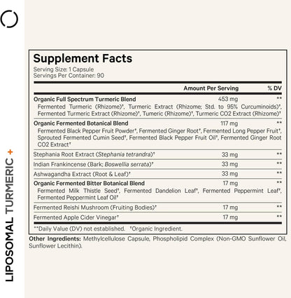 Codeage Organic Turmeric Supplement - 95% Curcumin Extract Pills - Liposomal Fermented Botanical Blend Black Pepper, Ashwagandha, Ginger, Stephania, Boswelia, Cumin, Digestive Bitters - 90 Capsules - Nirvana Guru