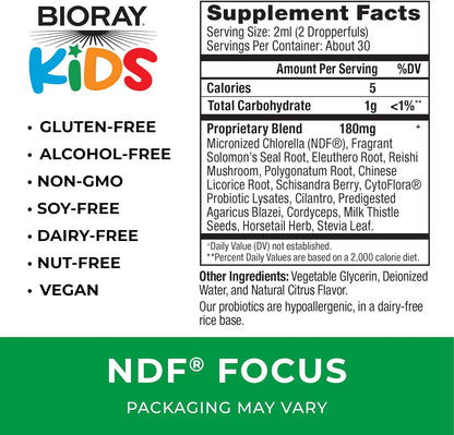 BIORAY Kids NDF Focus, Citrus - 2 fl oz - Supports Cognitive Function, Enhances Clarity & Promotes Steady Energy Levels - Non-GMO, Vegetarian, Gluten Free - 1-2 Month Supply Nirvana Guru