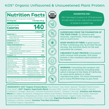 KOS Vegan Protein Powder Erythritol Free, Vanilla USDA Organic - Pea Protein Blend, Plant Based Superfood Rich in Vitamins & Minerals - Keto, Dairy Free - Meal Replacement for Women & Men, 28 Servings - Nirvana Guru