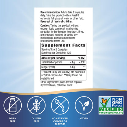 Nature's Way Ginger Root, Promotes Digestive Comfort*, Reduces Motion-Related Nausea*, 1,100 mg Per 2-capsule Serving, Non-GMO Project Verified, Vegan, 240 Capsules (Packaging May Vary) Nirvana Guru