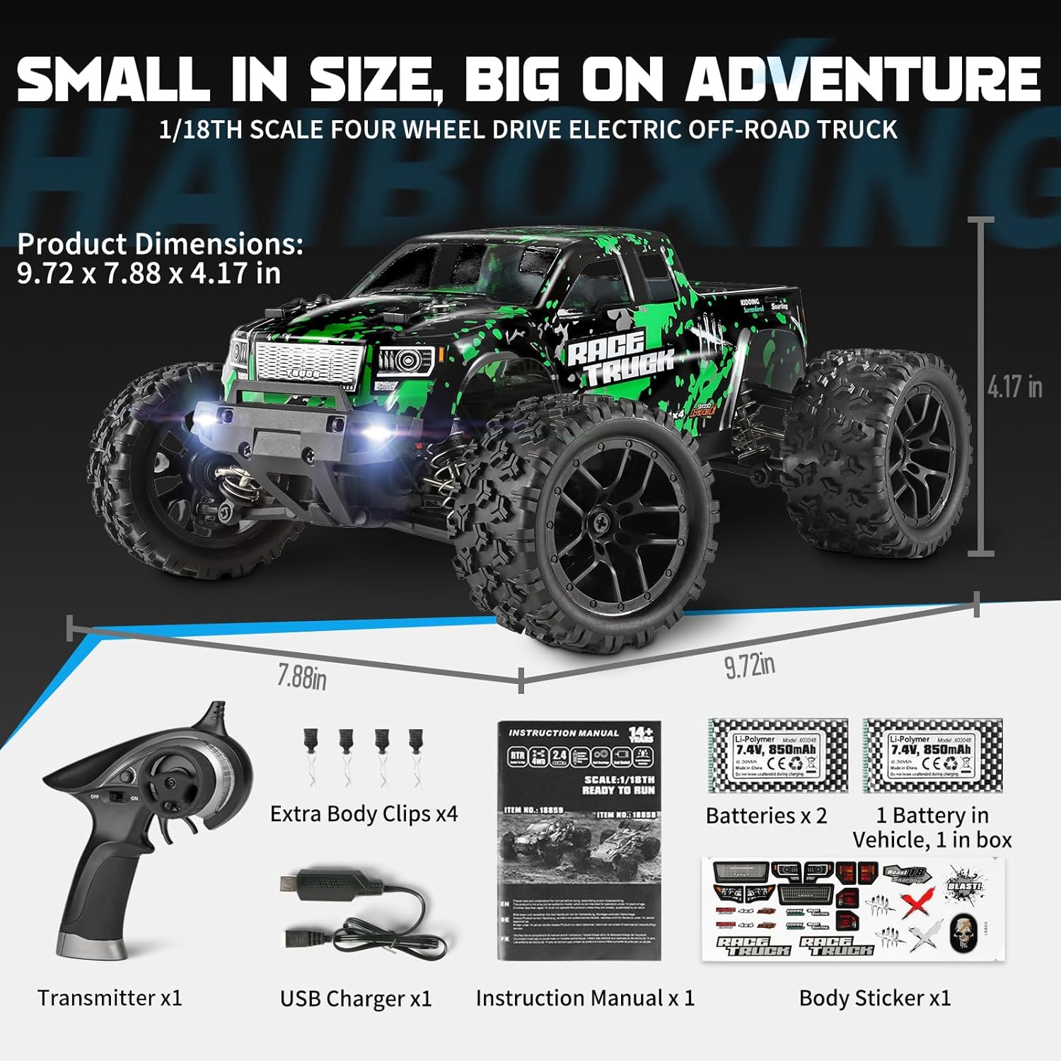 HAIBOXING 1:18 Scale All Terrain RC Car 18859, 36 KPH High Speed 4WD Electric Vehicle with 2.4 GHz Remote Control, 4X4 Waterproof Off-Road Truck with Two Rechargeable Batteries Nirvana Guru