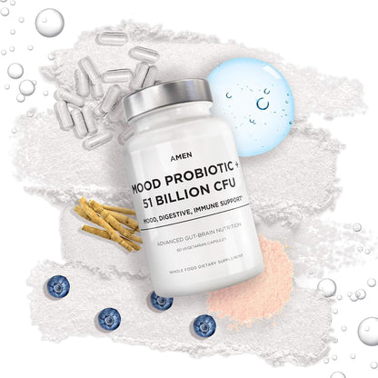 Amen Mood Probiotic Supplement 51 Billion CFU - Organic Prebiotics and Probiotics - Acidophilus Probiotic Pills, Fibers - Mood Organic Ashwagandha, Blueberries - Vegan & Non-GMO - 60 Capsules Nirvana Guru