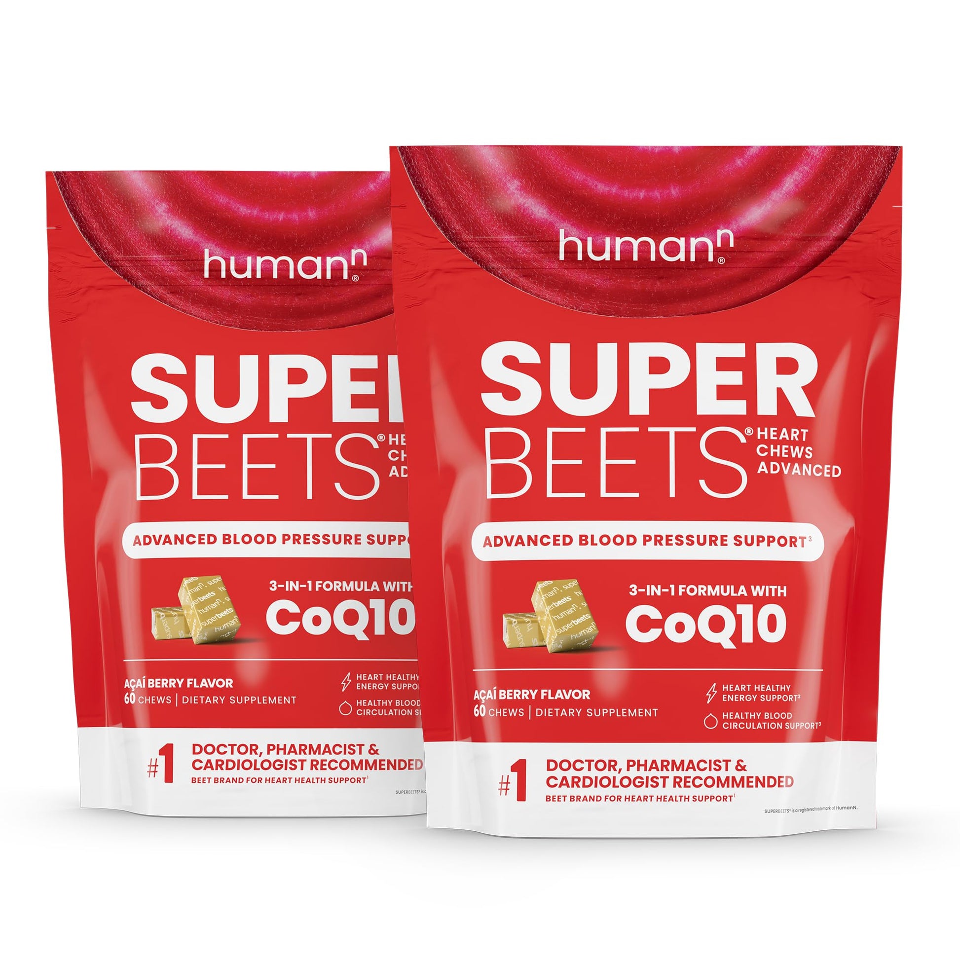 humanN SuperBeets Heart Chews Advanced - 3-in-1 Formula with Beetroot, Grape Seed Extract, & CoQ10, 60 Count - Nirvana Guru