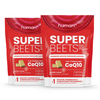 humanN SuperBeets Heart Chews Advanced - 3-in-1 Formula with Beetroot, Grape Seed Extract, & CoQ10, 60 Count - Nirvana Guru