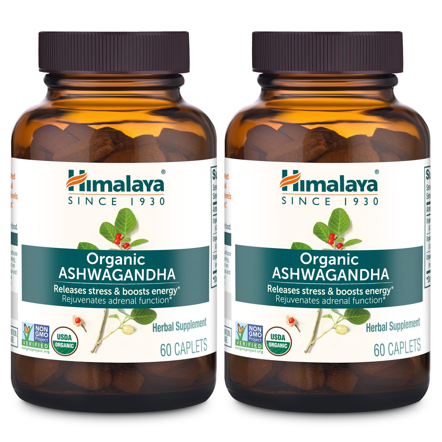 Himalaya Organic Ashwagandha, 120 Day Supply, Herbal Supplement for Stress Relief, Energy, Occasional Sleeplessness, Excipient Free, Organic, Non-GMO, Vegan, Gluten Free, 670 mg, 60 Caplets, 2 Pack - Nirvana Guru