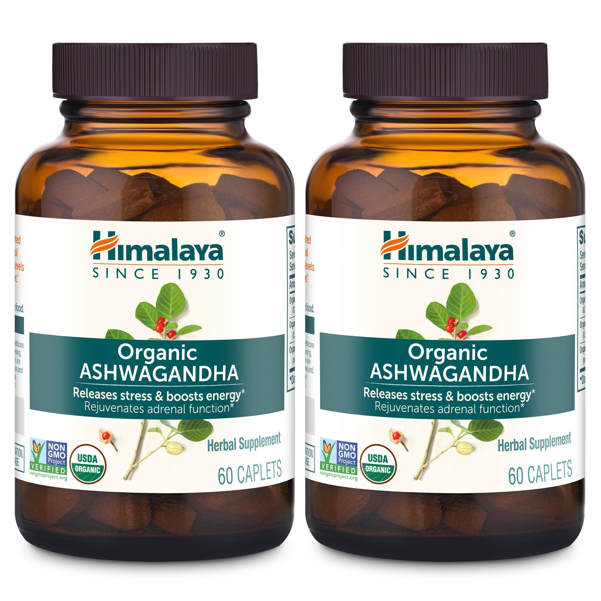 Himalaya Organic Ashwagandha, 120 Day Supply, Herbal Supplement for Stress Relief, Energy, Occasional Sleeplessness, Excipient Free, Organic, Non-GMO, Vegan, Gluten Free, 670 mg, 60 Caplets, 2 Pack - Nirvana Guru