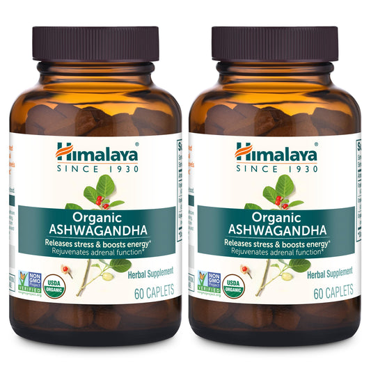 Himalaya Organic Ashwagandha, 120 Day Supply, Herbal Supplement for Stress Relief, Energy, Occasional Sleeplessness, Excipient Free, Organic, Non-GMO, Vegan, Gluten Free, 670 mg, 60 Caplets, 2 Pack - Nirvana Guru