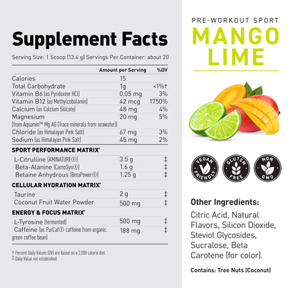 Kaged Sport Pre Workout Powder for Men & Women, Mango Lime, Sport Certified, 188mg Caffeine, Nitric Oxide Supplement, Beta Alanine for Energy, Weightlifting, Cardio Endurance & Strength, 20 Servings Nirvana Guru