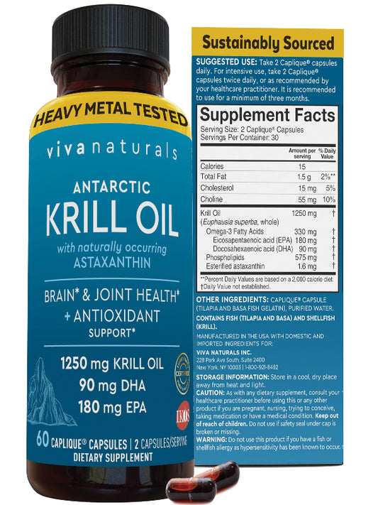 Viva Naturals Antarctic Krill Oil Omega 3 Supplements 1250 mg - DHA EPA Omega-3 & Astaxanthin Concentration for Joint Health, No Fish Burp - 60 Omega 3 Krill Oil Capsules - Nirvana Guru
