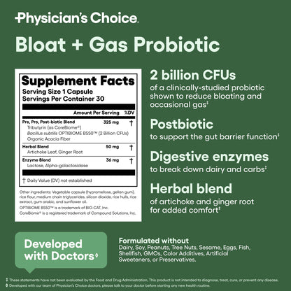 Physician's CHOICE Bloat & Gas Probiotic 5-in-1 Proactive Support + Daily Relief - Digestion & Gut Health- Herbals, Digestive Enzymes, Post & Prebiotics - Gas Relief for Adults - Women & Men - 30ct Nirvana Guru