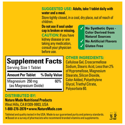Nature Made Magnesium Oxide 250 mg, Magnesium Supplement for Muscle, Heart, Bone and Nerve Health Support, 100 Tablets, 100 Day Supply - Nirvana Guru