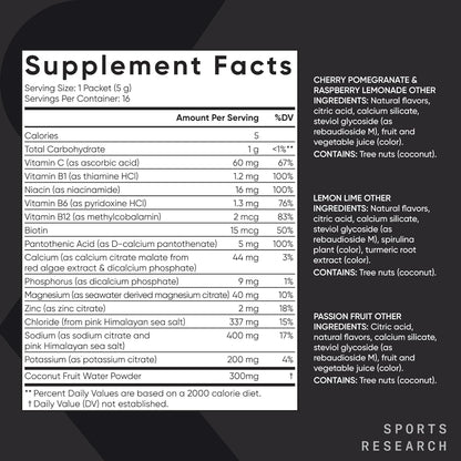 Sports Research Hydrate Electrolytes Powder 16 Packets - Nirvana Guru