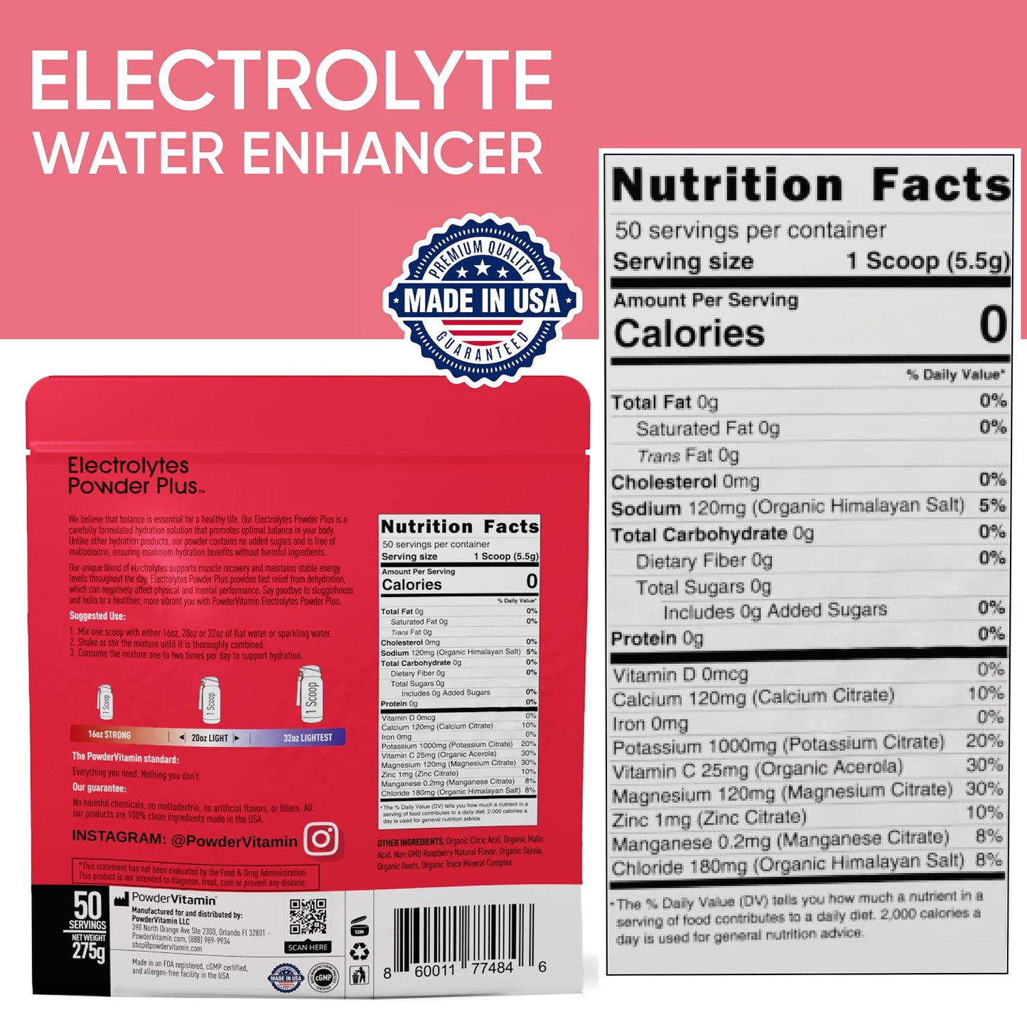 PowerVitamin Lemonade Electrolytes Powder No Sugar for Daily Energy - Keto Electrolytes - Hydration Powder with 1000mg Potassium, 120mg Calcium, Magnesium, Organic Vitamin C, 100 Servings
