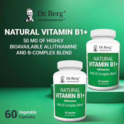 Dr. Berg Natural Vitamin B1 B6 B12 Complex - Allithiamine Vitamin B1 Supplement with 8 Essential Vitamin B Complex for Men & Women Including Thiamin, Niacin, Folate, Magnesium & More - 60 Capsules - Nirvana Guru