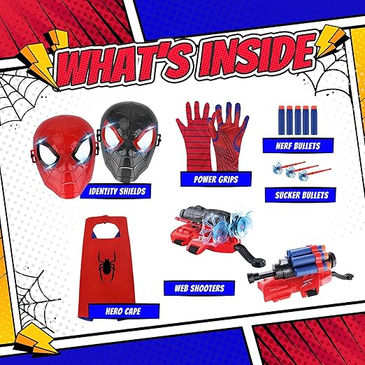 Superhero Web-Slinging Toy Set – 7-in-1 Superhero Set Includes 2 Web Shooters, 2 Hero Masks, 2 Gloves, and 1 Cape – Ideal for Indoor and Outdoor Costume Role-Playing, Imaginative Play for Kids Ages 3+ Nirvana Guru
