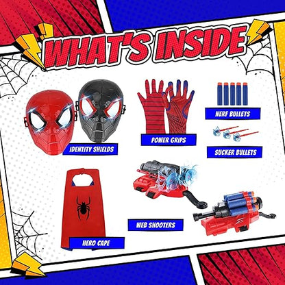 Superhero Web-Slinging Toy Set – 7-in-1 Superhero Set Includes 2 Web Shooters, 2 Hero Masks, 2 Gloves, and 1 Cape – Ideal for Indoor and Outdoor Costume Role-Playing, Imaginative Play for Kids Ages 3+ Nirvana Guru