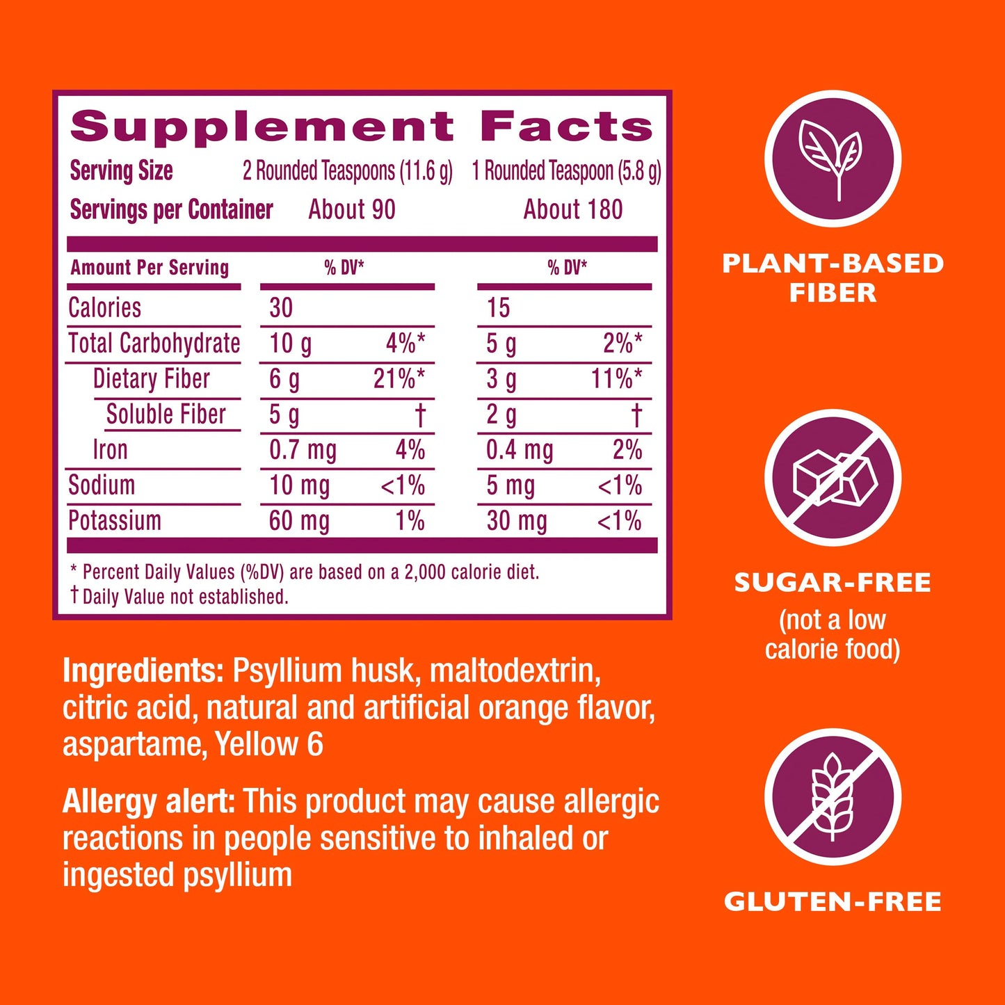 Metamucil 4-in-1 Daily Fiber Supplement, Psyllium Husk Powder for Digestive Health, Sugar-Free Fiber Supplement, Orange, Naturally Sourced Psyllium Husk Powder, 180 teaspoons