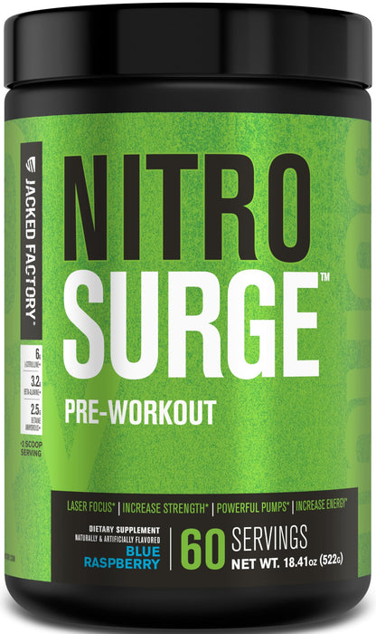 Jacked Factory NITROSURGE Pre Workout Supplement - Energy Booster, Instant Strength Gains, Clear Focus & Intense Pumps - NO Booster & Powerful Preworkout Energy Powder - 30 Servings, Blue Raspberry