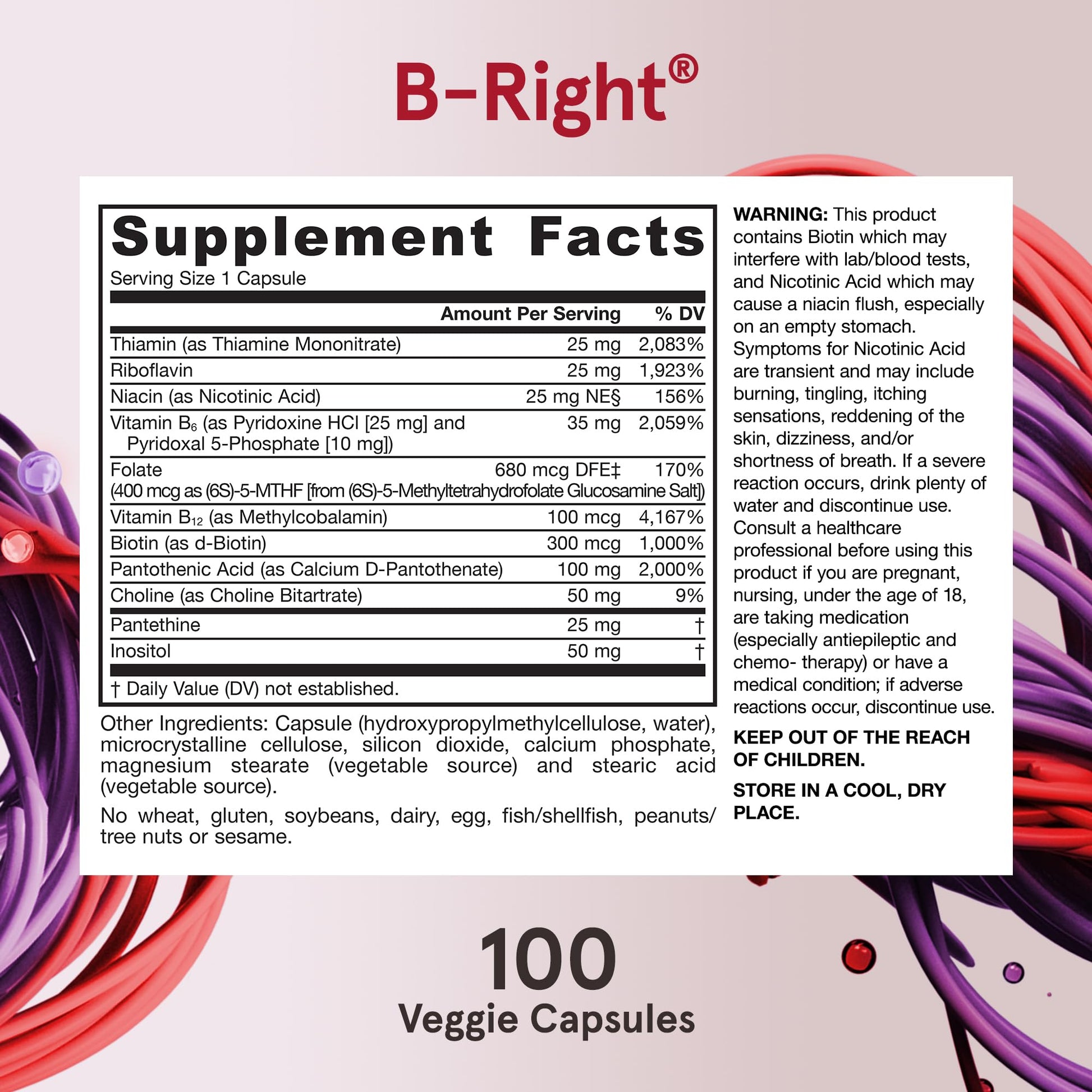 Jarrow Formulas B-Right, Optimized B Complex Featuring Vitamin B1, B2, B5, B6, B12 and B9 to Support Cellular Energy, Immune Health and Stress Management, 100 Veggie Capsules, Up to a 100 Day Supply - Nirvana Guru