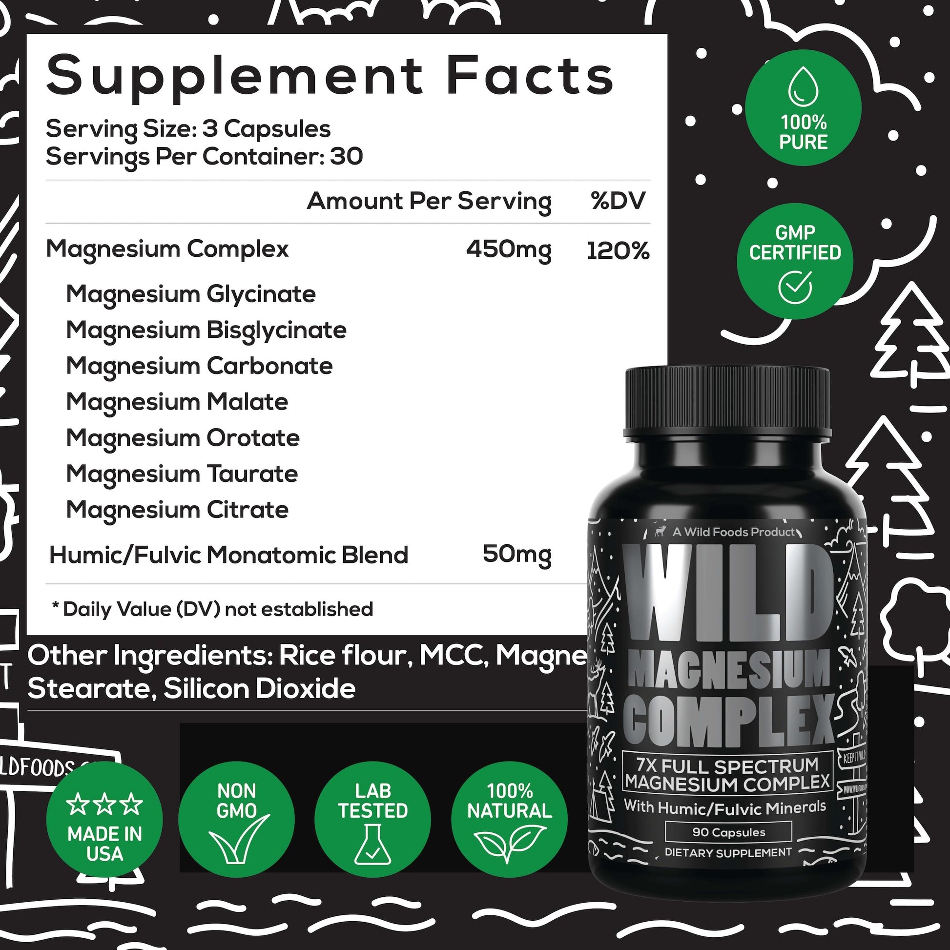 Wild Foods Magnesium Complex Supplement with 7X Forms, 90 Capsules | High Absorption, Full Spectrum, Easy Digestion | 500mg Glycinate, Bisglycinate, Malate, Orotate, Citrate, Taurate Nirvana Guru
