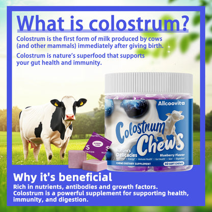 Bovine Colostrum Chews Supplement with probiotics for Gut Health, Bloating, Immune Support, Skin, Hair Growth and Beauty - Strawberry Flavor (60 Servings) Nirvana Guru