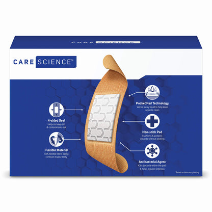 Care Science Fabric Adhesive Bandages, 200 ct Bulk Assorted Sizes | FSA HSA Eligible | Flexible + Breathable Protection for First Aid and Wound Care