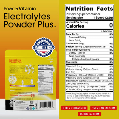 PowerVitamin Lemonade Electrolytes Powder No Sugar for Daily Energy - Keto Electrolytes - Hydration Powder with 1000mg Potassium, 120mg Calcium, Magnesium, Organic Vitamin C, 100 Servings
