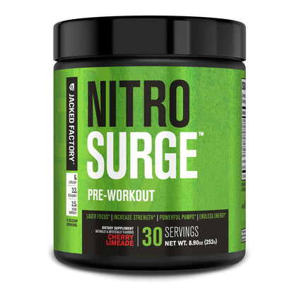 Jacked Factory NITROSURGE Pre Workout Supplement - Energy Booster, Instant Strength Gains, Clear Focus & Intense Pumps - NO Booster & Powerful Preworkout Energy Powder - 30 Servings, Blue Raspberry
