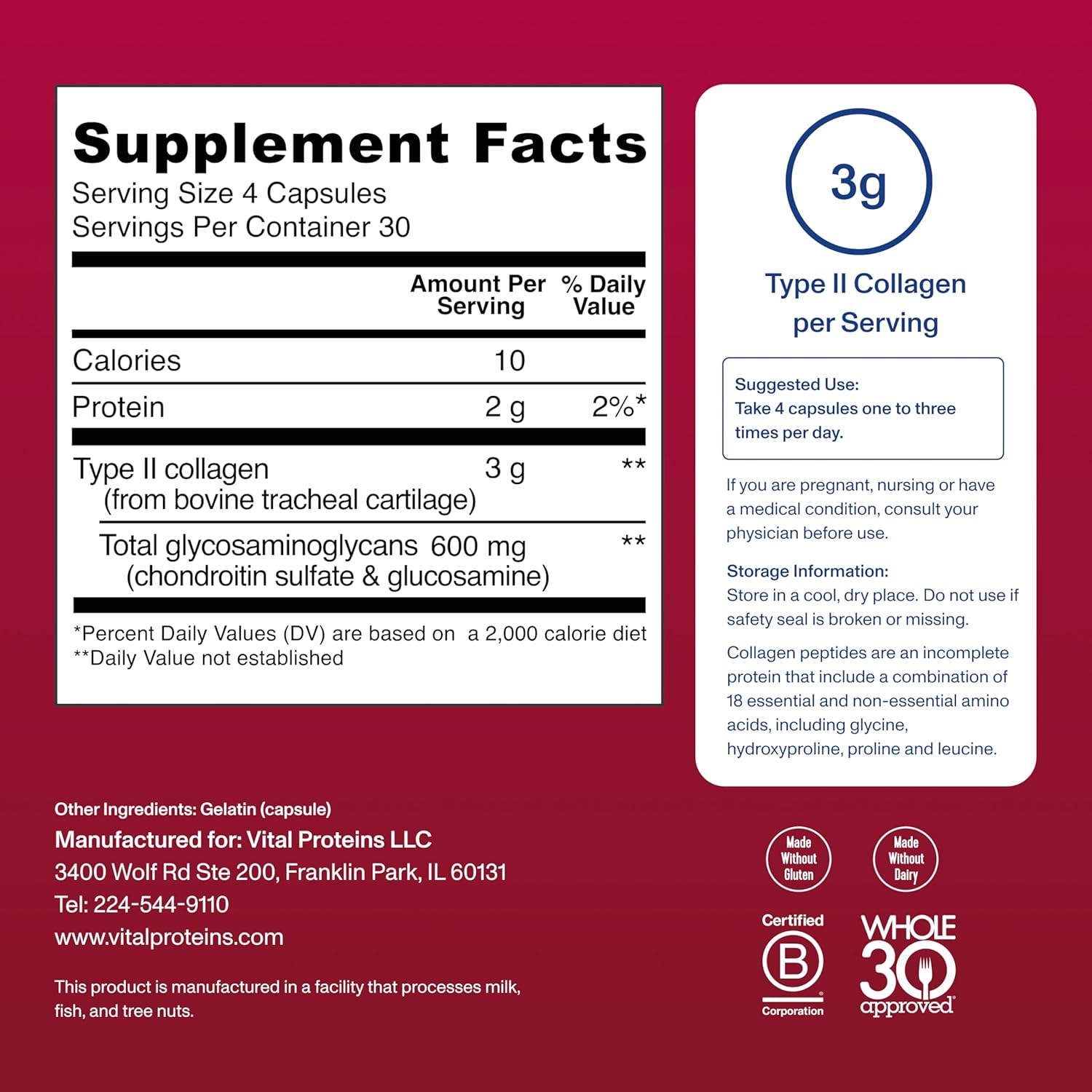 Vital Proteins Cartilage Collagen Pills, Type II Collagen & Chondroitin Sulfate Supplement for Recovery & Healthy Hair, Skin, Nails and Joints - 750 mg Serving with 120 Capsules - Nirvana Guru