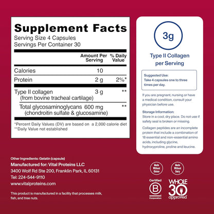 Vital Proteins Cartilage Collagen Pills, Type II Collagen & Chondroitin Sulfate Supplement for Recovery & Healthy Hair, Skin, Nails and Joints - 750 mg Serving with 120 Capsules - Nirvana Guru