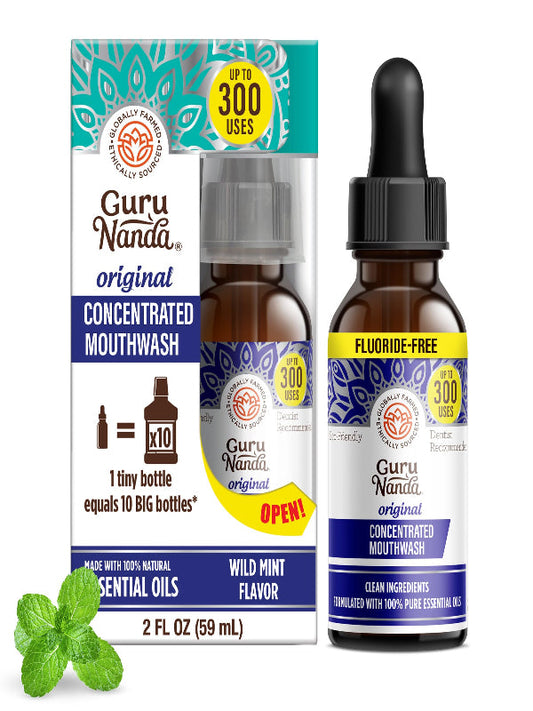 GuruNanda Concentrated Mouthwash (2 fl oz), Fluoride-Free, Mint Mouthwash with Natural Essential Oils, Supports 300 Rinses, Aids in Fresh Breath Nirvana Guru