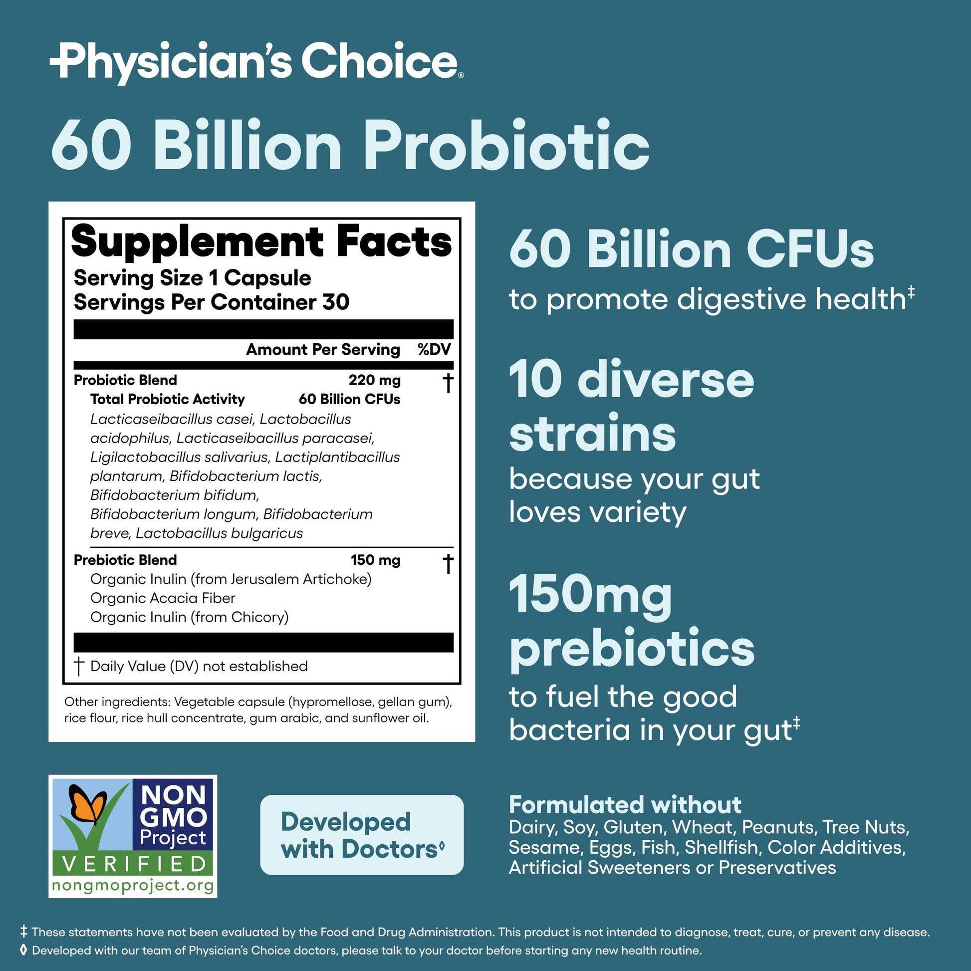 Physician's CHOICE Probiotics 60 Billion CFU - 10 Strains + Organic Prebiotics - Immune, Digestive & Gut Health - Supports Occasional Constipation, Diarrhea, Gas & Bloating - for Women & Men - 60ct Nirvana Guru