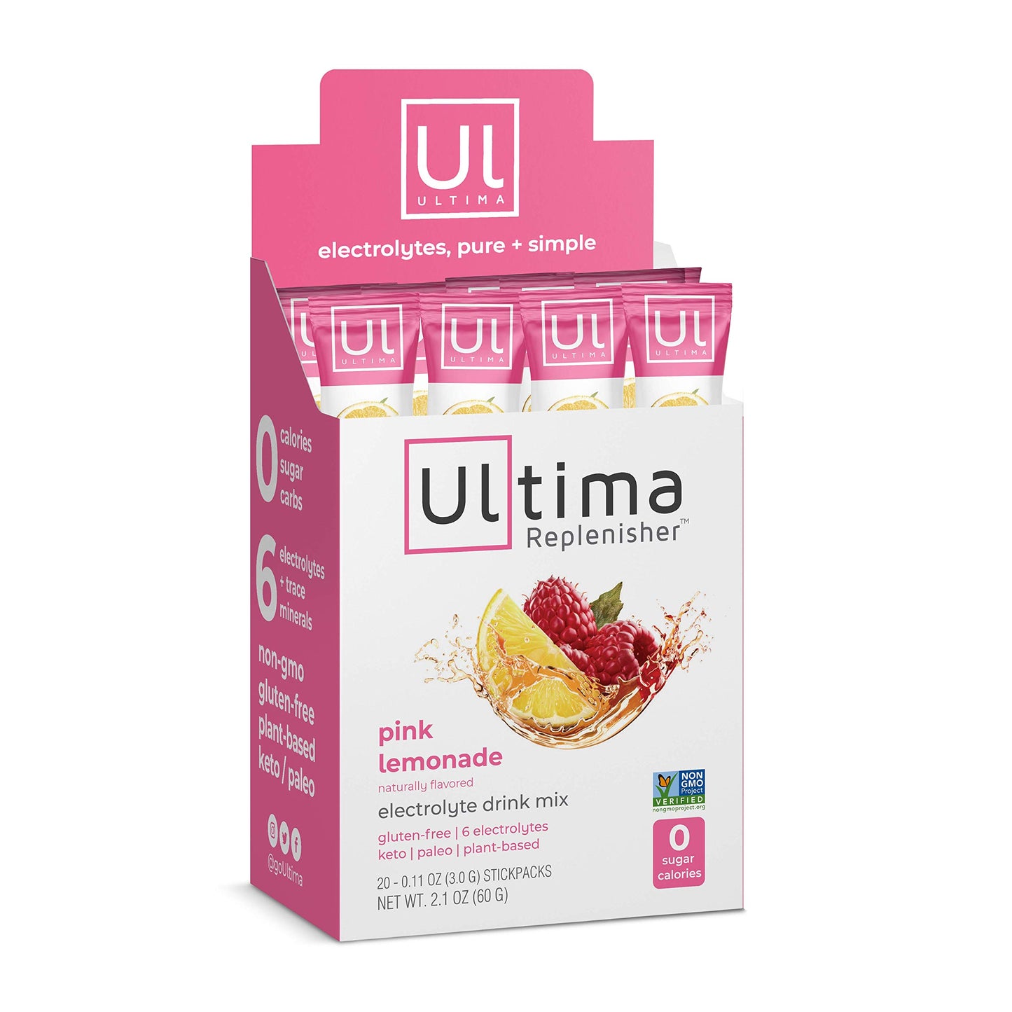 Ultima Replenisher Electrolyte Hydration Drink Mix, Pink Lemonade, 20 Serving Stickpack Box - Sugar Free, 0 Calories, 0 Carbs - Gluten-Free, Keto, Non-GMO, Vegan - Nirvana Guru