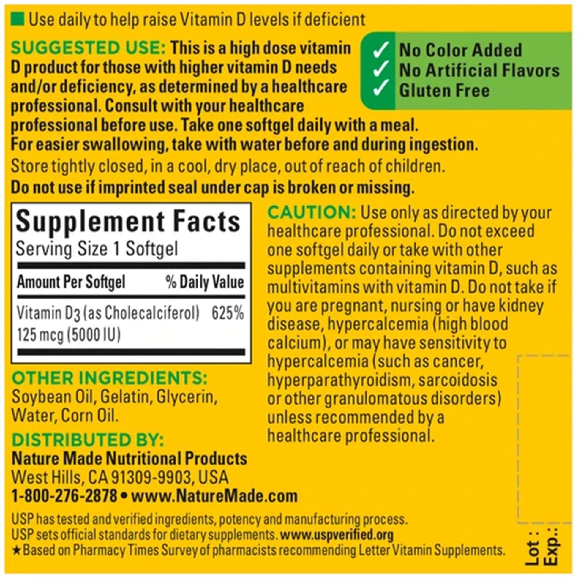 Nature Made Extra Strength Vitamin D3 5000 IU (125 mcg), Dietary Supplement for Bone, Teeth, Muscle and Immune Health Support, 180 Softgels, 180 Day Supply - Nirvana Guru