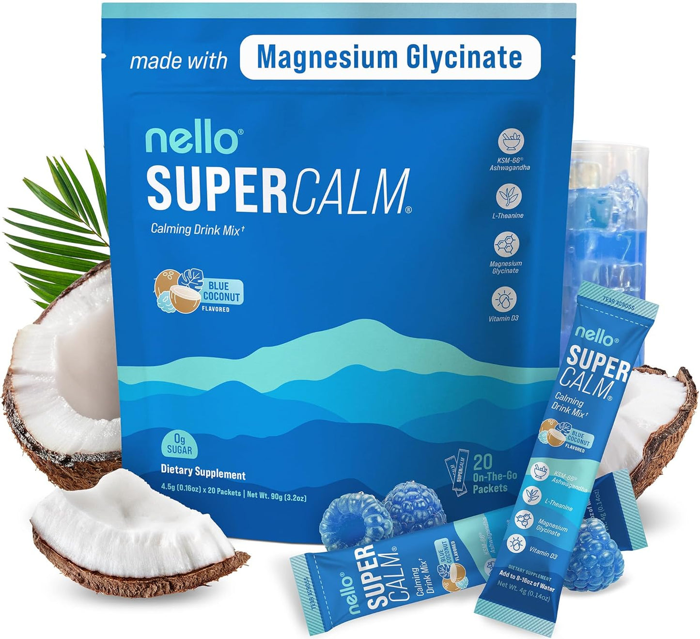 Supercalm Powdered Drink Mix, Raspberry Lemonade, L Theanine, Ksm-66 Ashwagandha, Magnesium Glycinate, Vitamin D 3, Supplements for Relaxation & Focus, No Sugar, Non GMO, On The Go, 20 Ct