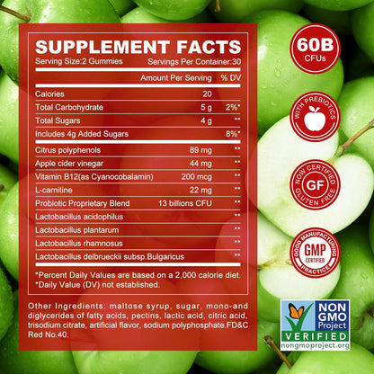 NEWELLME Apple Cider Vinegar Gummies B12 Multivitamin,ACV Supplement Gummy Vitamins,Non GMO, Vegetarian Supplement for Women & Men,Support Normal Energy Levels & Gut Health 30 Gummies (60)