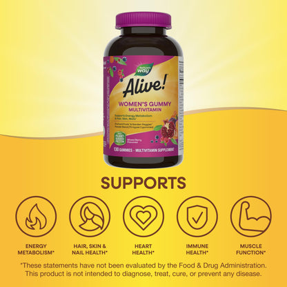 Nature's Way Alive! Women's Daily Gummy Multivitamins, 16 Vitamins & Minerals, Energy Metabolism*, Hair Skin & Nails*, Vegetarian, Mixed Berry Flavored, 150 Gummies (Packaging May Vary) - Nirvana Guru