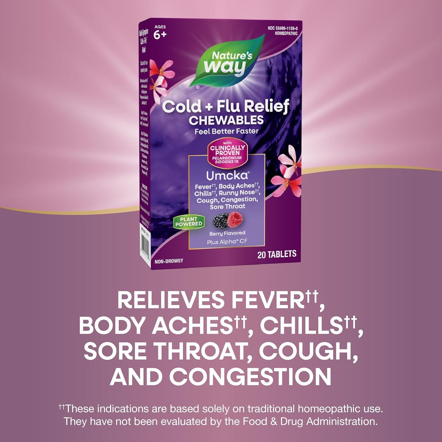 Nature's Way Cold+Flu Relief, Umcka, Shortens Duration and Reduces Severity, Multi-Symptom Relief, Homeopathic, Phenylephrine Free, Non-Drowsy, Berry Flavored, 20 Chewable Tablets (Packaging May Vary) - Nirvana Guru