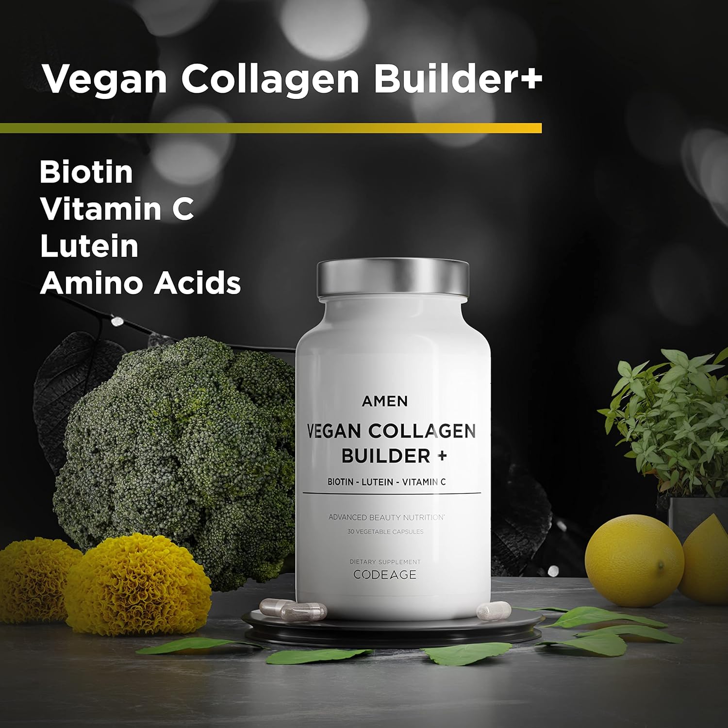 Amen Plant-Based Vegan Collagen Builder Supplement - Organic Whole Foods, Lutein, Vitamin C, Biotin, Lysine, Proline Collagen Boosters - Organic Cranberry, Lemon, Strawberry - Once A Day - 30 Capsules Nirvana Guru