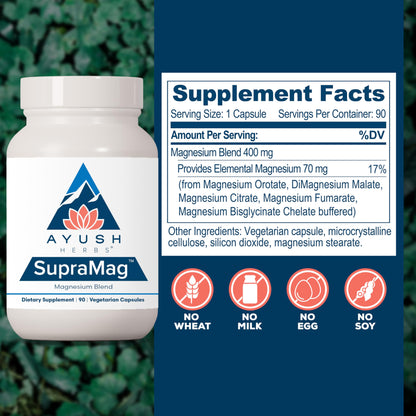 Ayush Herbs SupraMag - Magnesium Blend, 400mg Magnesium Complex Supplement with Chelated Magnesium Bisglycinate, Citrate, Ororate for Sleep, Energy, & Brain Health - 90 Vegetarian Capsules (1 Count) Nirvana Guru