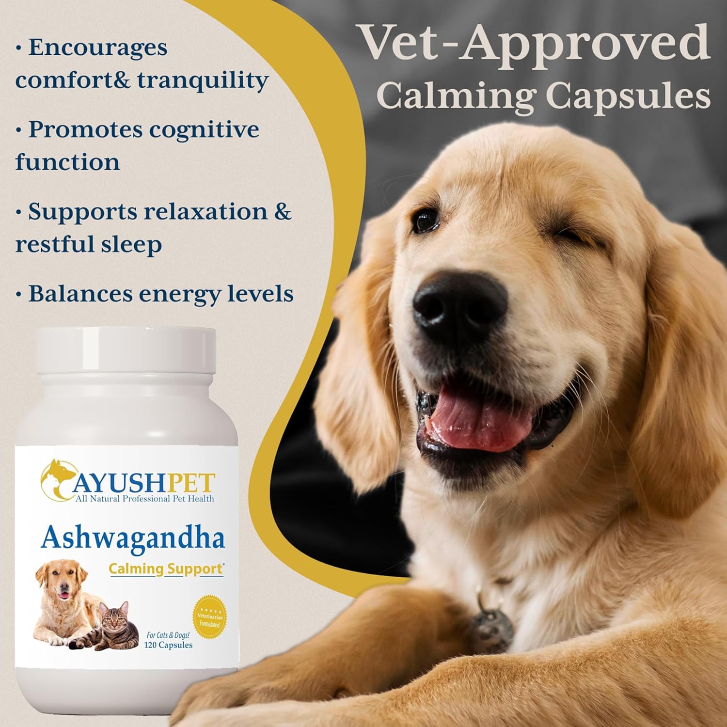 Ayush Pet Stress Support, Ashwagandha Calming Aid for Pets, Promotes Energy and Vitality, 120 Capsules Nirvana Guru